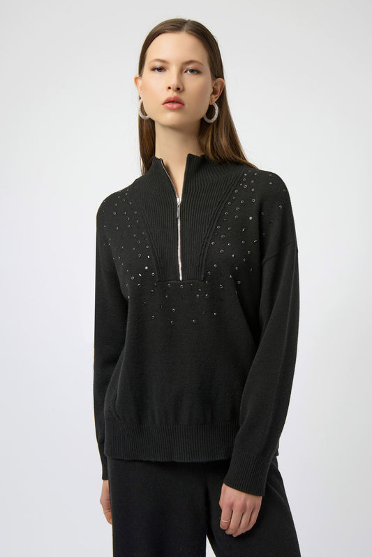 J.R 254933 Sweater Knit Mock Neck Pullover with Rhinestones