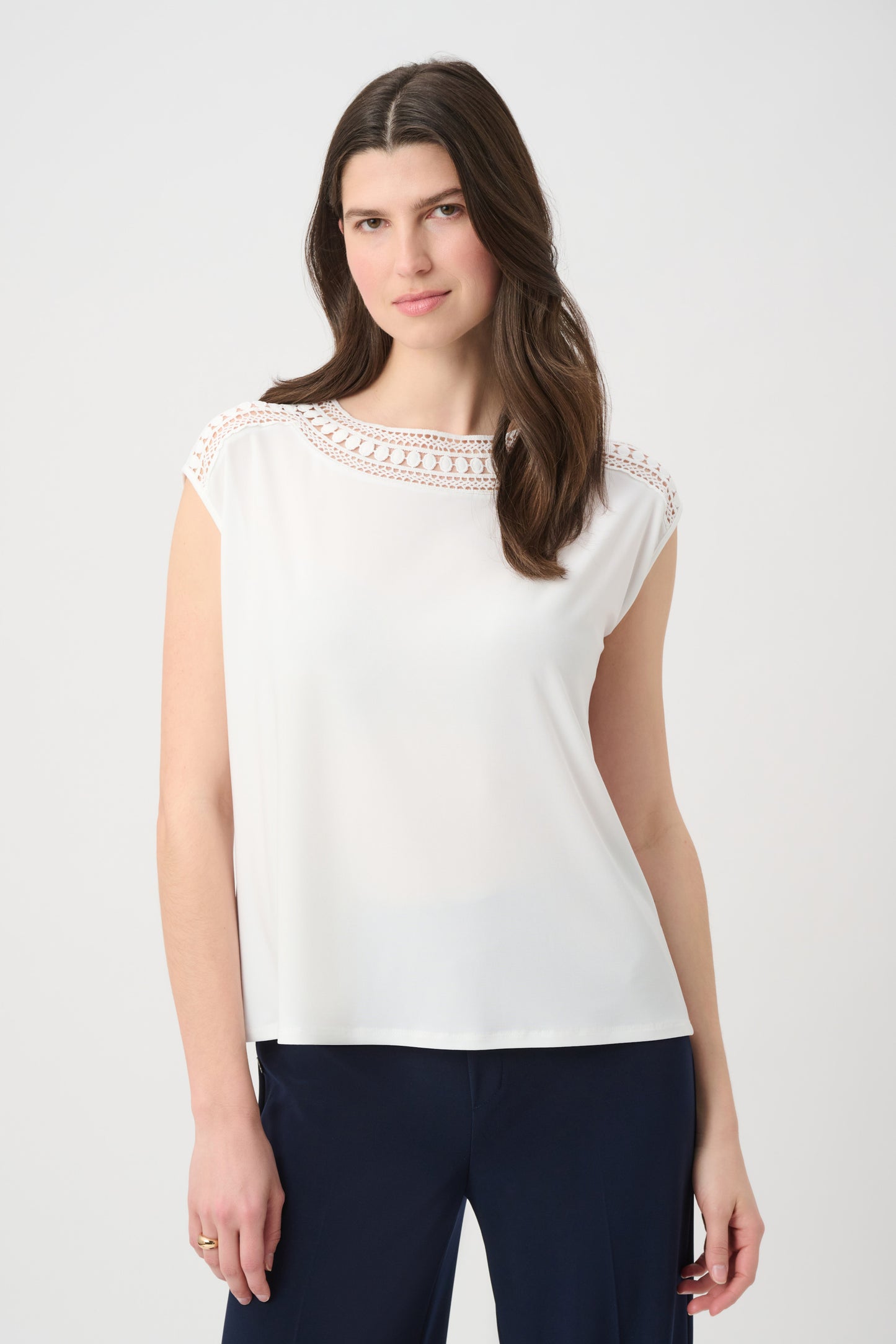 J.R 261200 Silky Knit Straight Top With Guipure At Neckline