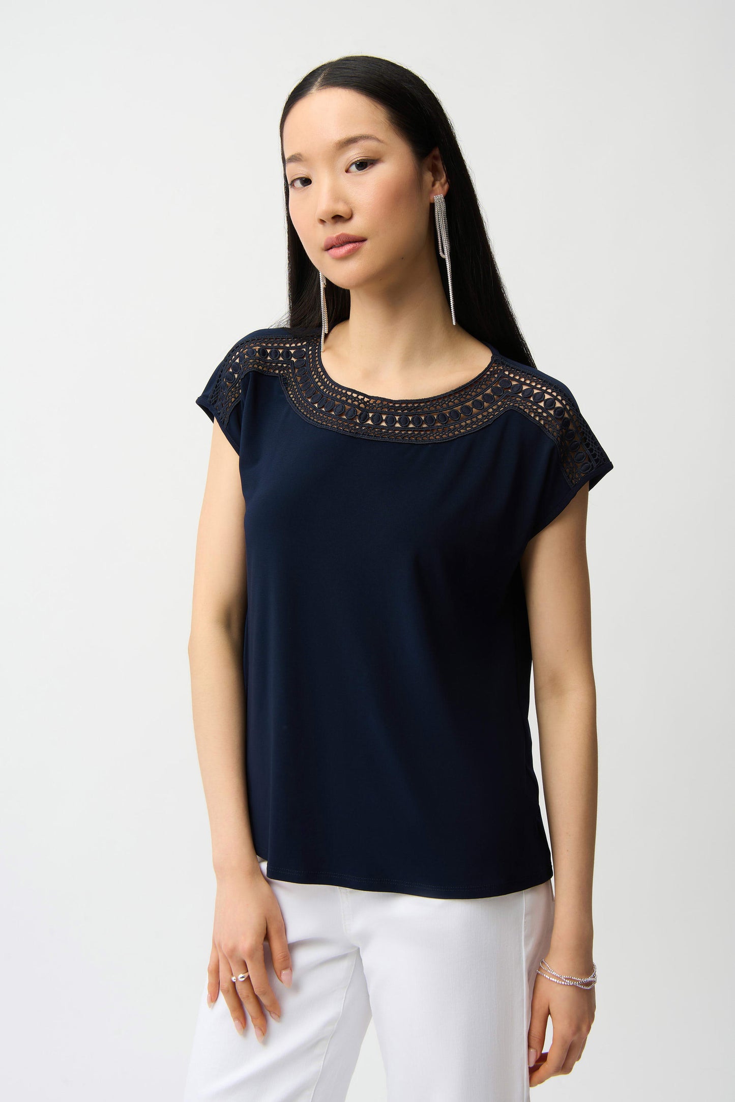 J.R 261200 Silky Knit Straight Top With Guipure At Neckline