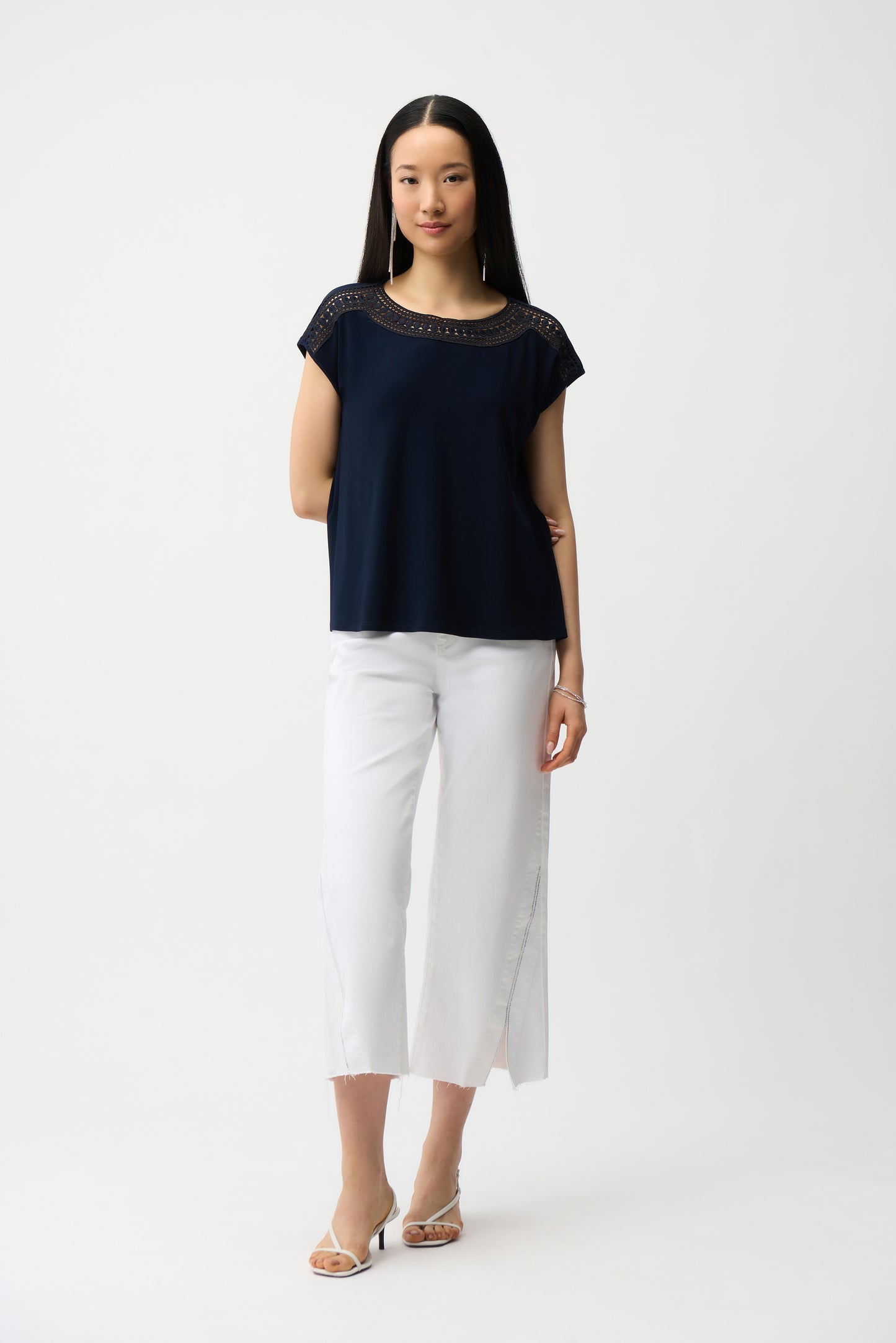 J.R 261200 Silky Knit Straight Top With Guipure At Neckline