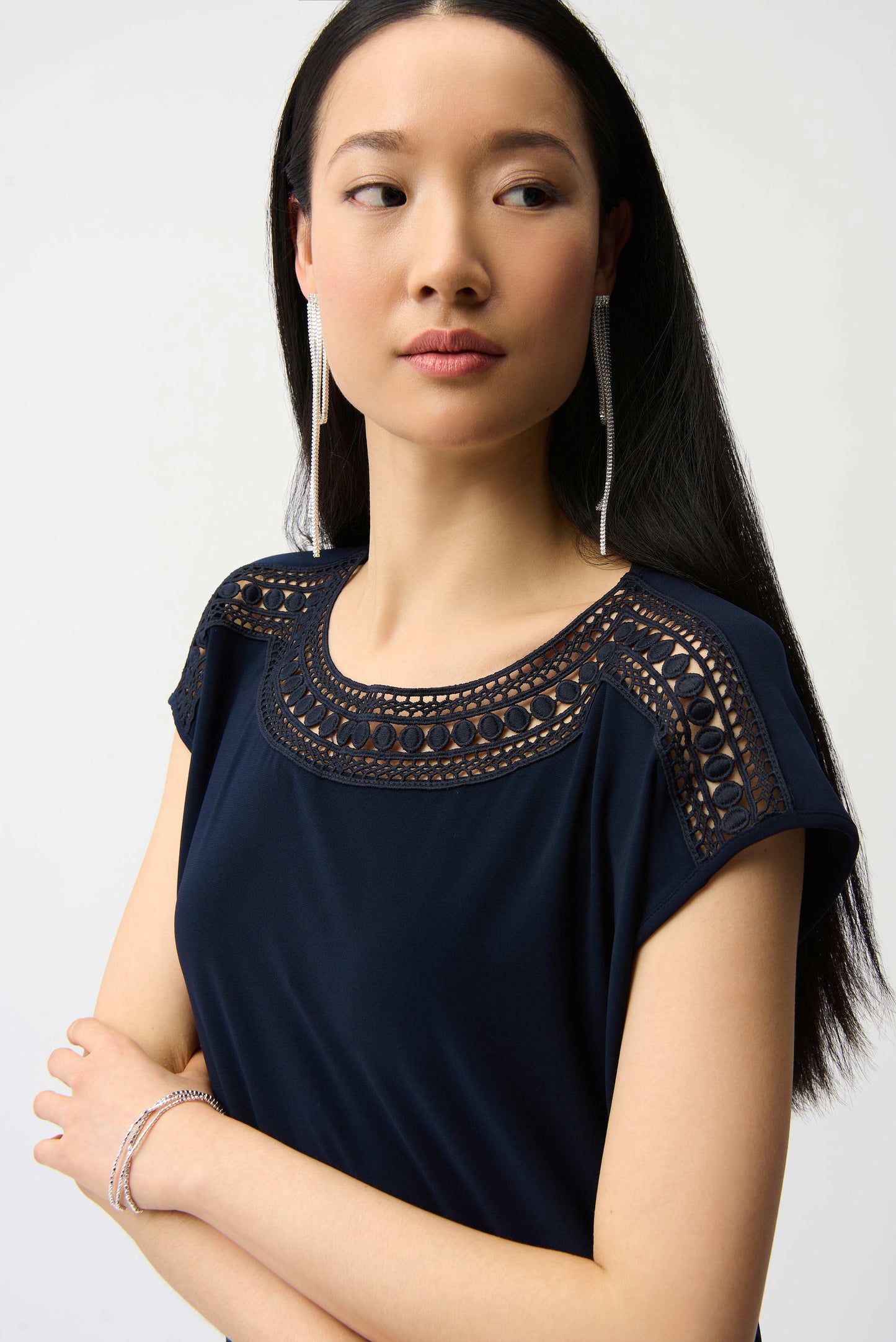 J.R 261200 Silky Knit Straight Top With Guipure At Neckline