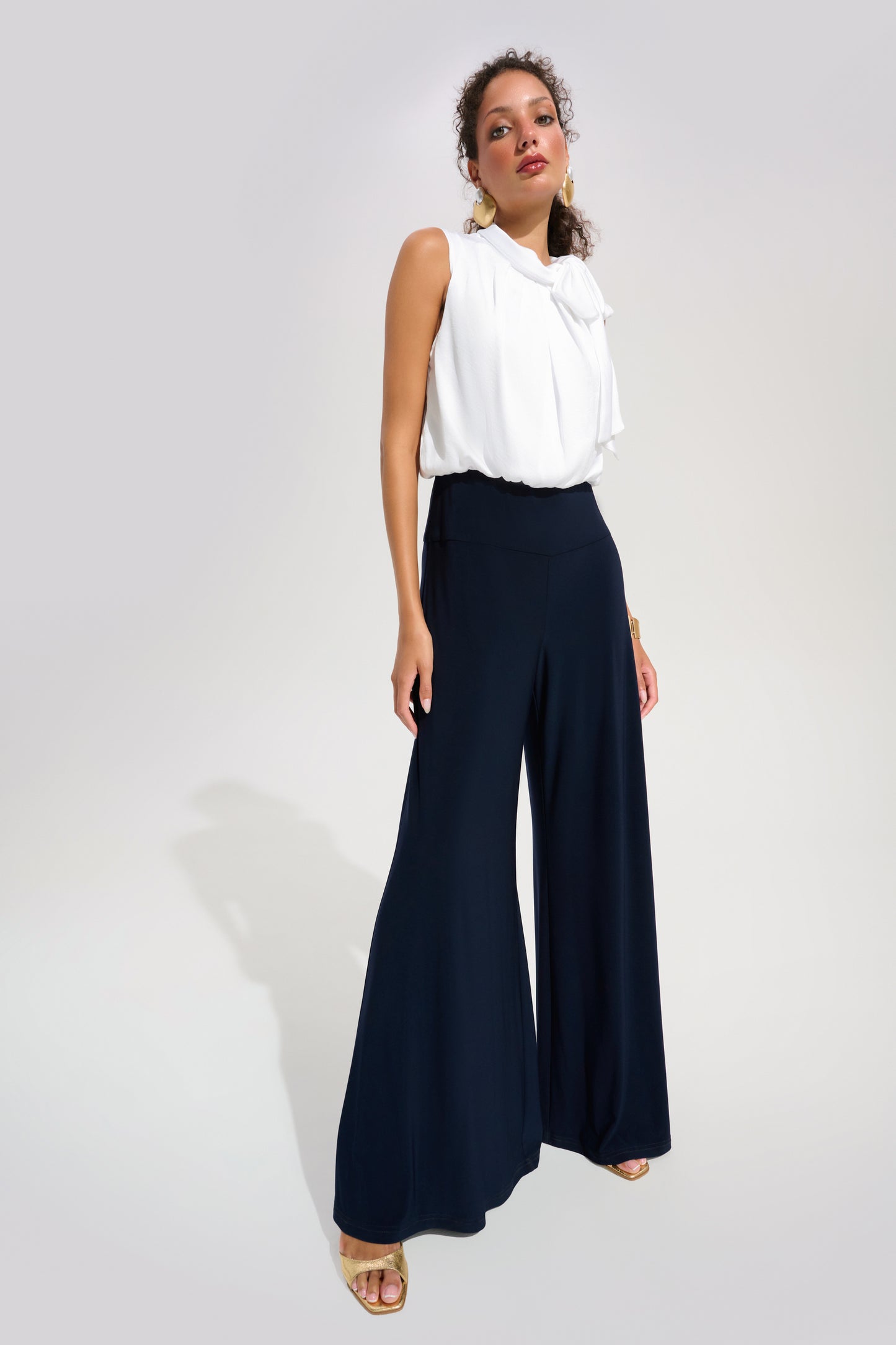 J.R 261725 Silky Knit And Satin Wide Leg Jumpsuit With Contrast Bodice And Neck Bow Tie