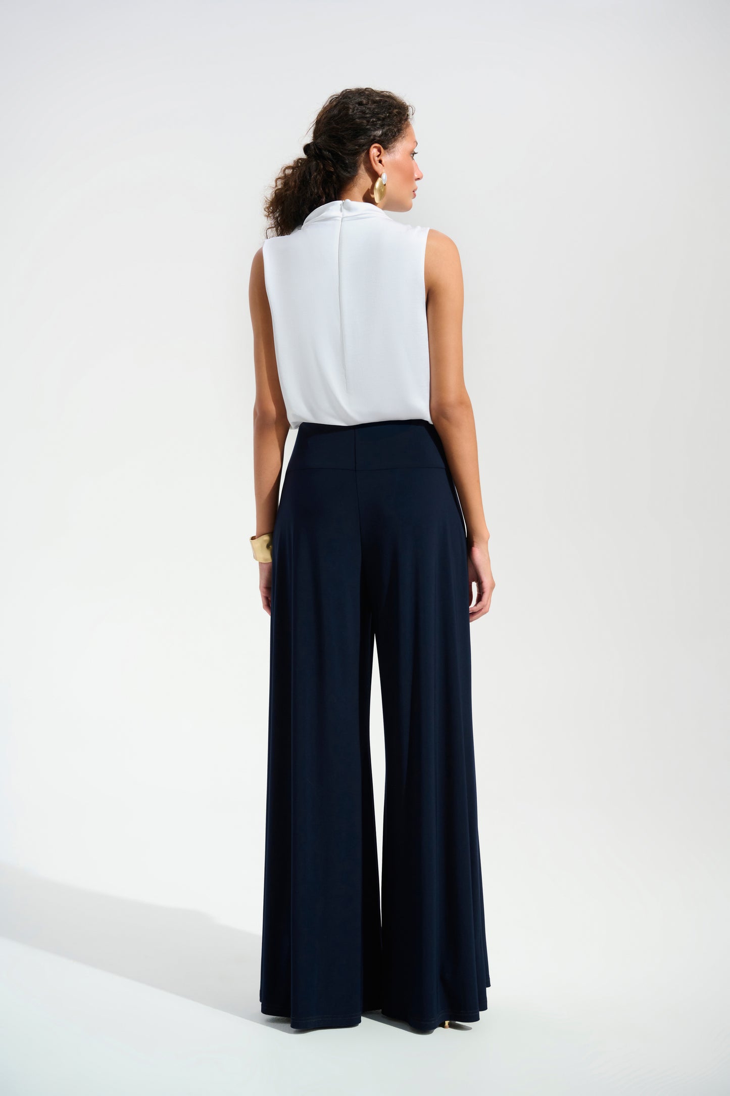 J.R 261725 Silky Knit And Satin Wide Leg Jumpsuit With Contrast Bodice And Neck Bow Tie