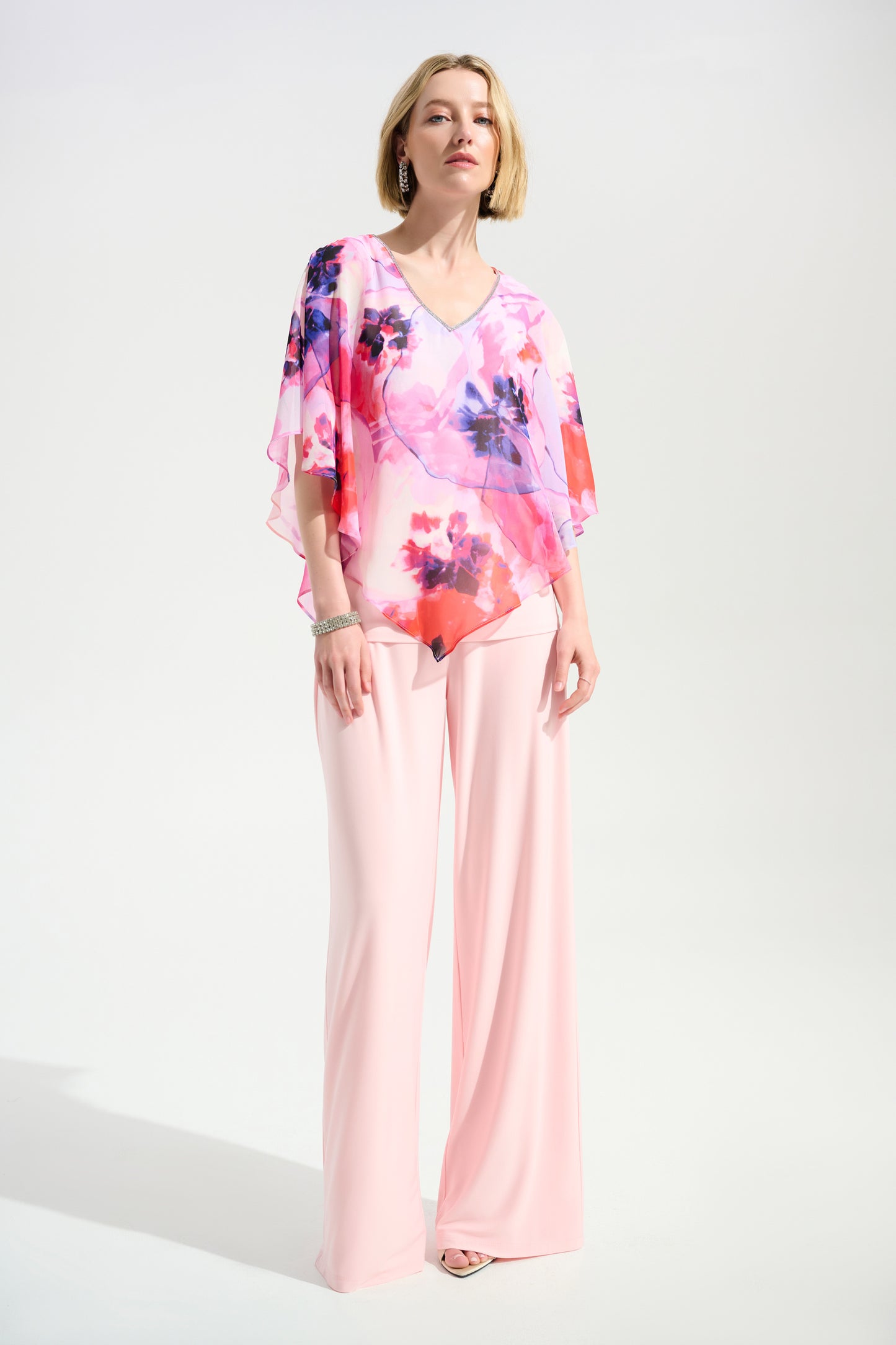 J.R 261777 Signature | Silky Knit Floral Print Poncho With Chiffon Layer