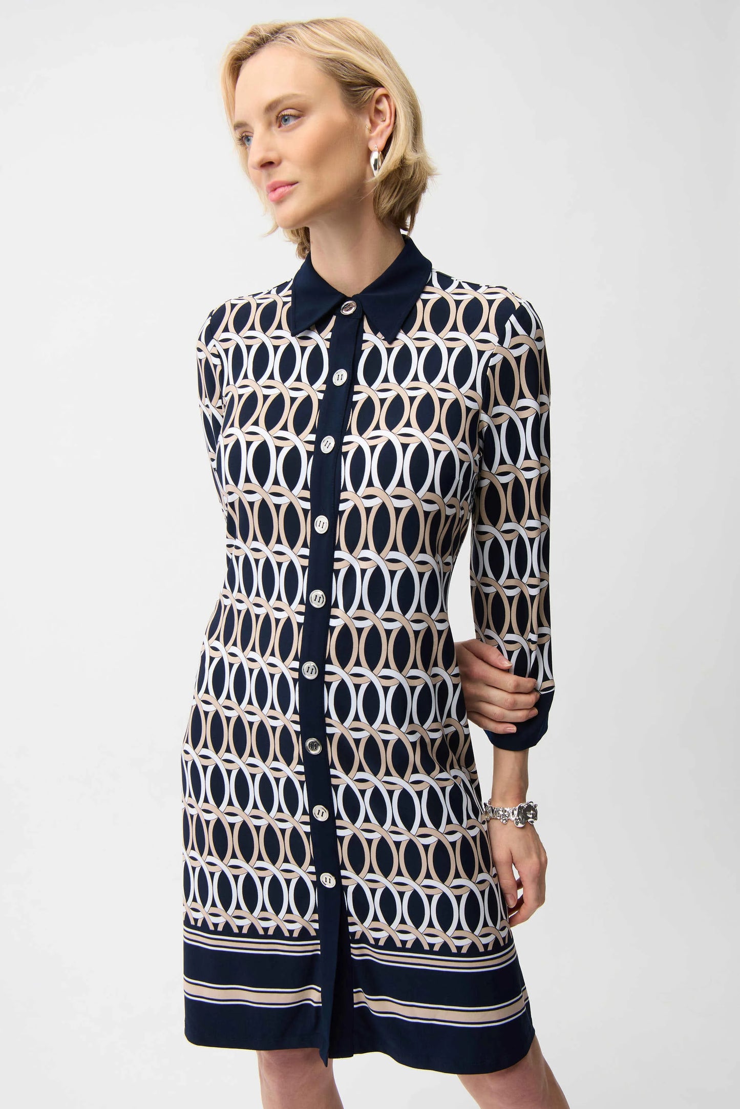 J.R 261903 Silky Knit Geometric Print A-Line Shirt Dress