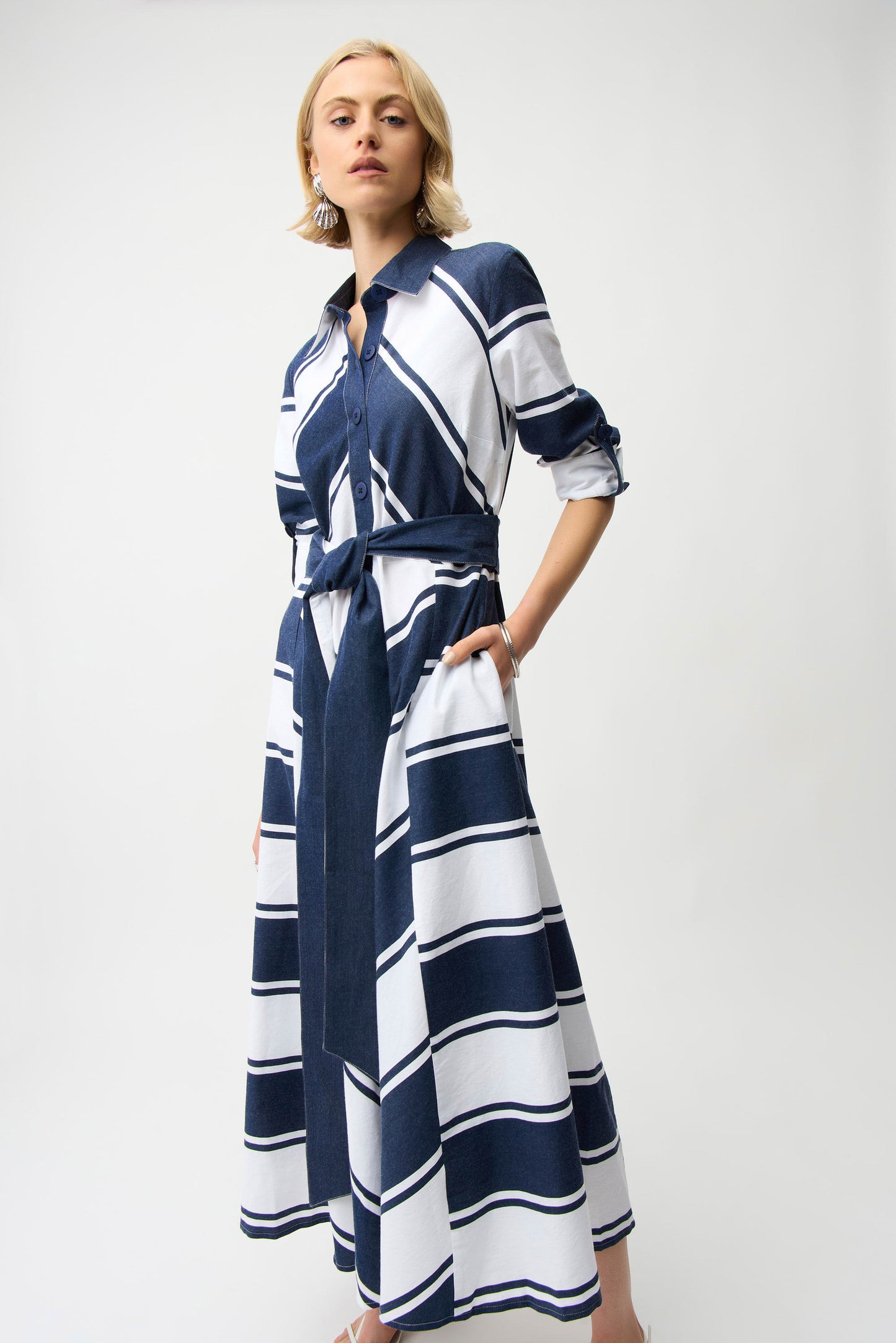 J.R 261936 Cotton Stripe Print Fit and Flare Shirt Dress with Reversible Sash