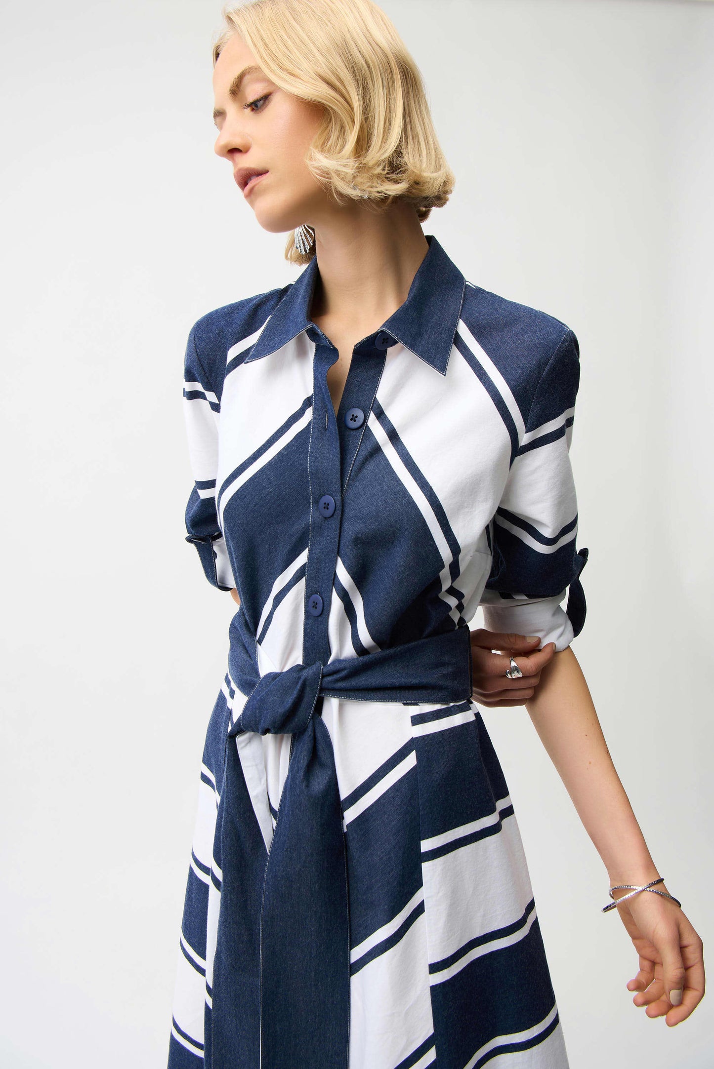J.R 261936 Cotton Stripe Print Fit and Flare Shirt Dress with Reversible Sash