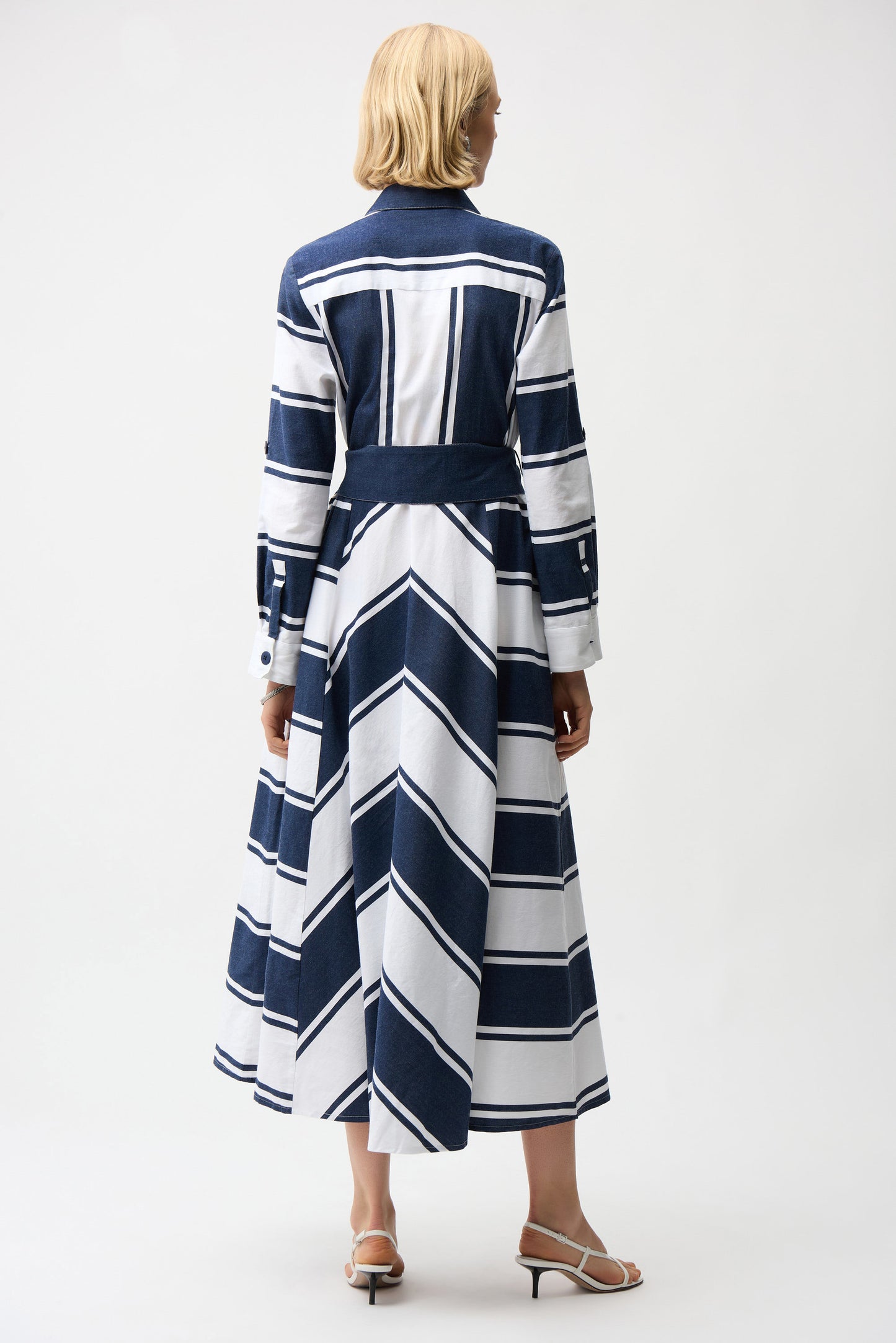 J.R 261936 Cotton Stripe Print Fit and Flare Shirt Dress with Reversible Sash