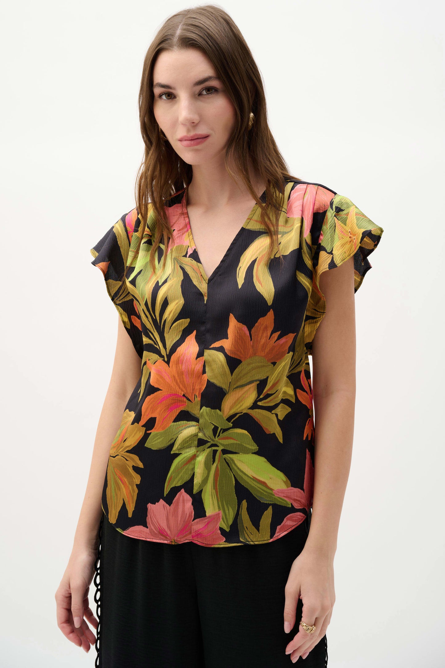 J.R 262087 Satin Tropical Print Top With Butterfly Sleeves