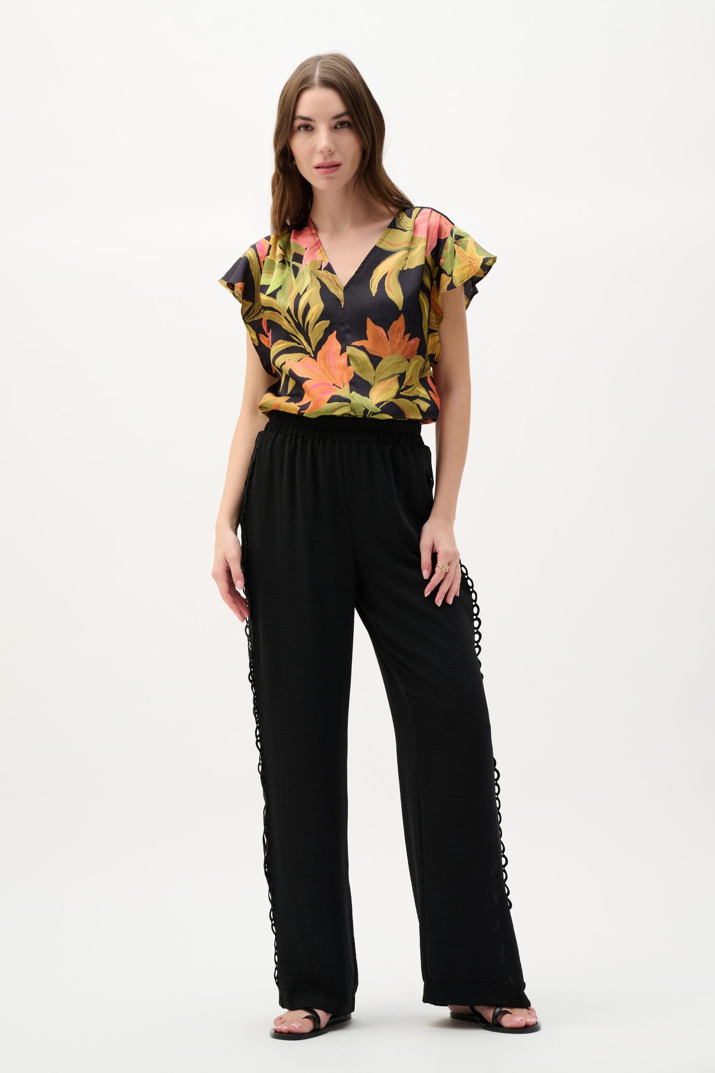 J.R 262087 Satin Tropical Print Top With Butterfly Sleeves