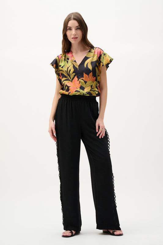 J.R 262087 Satin Tropical Print Top With Butterfly Sleeves