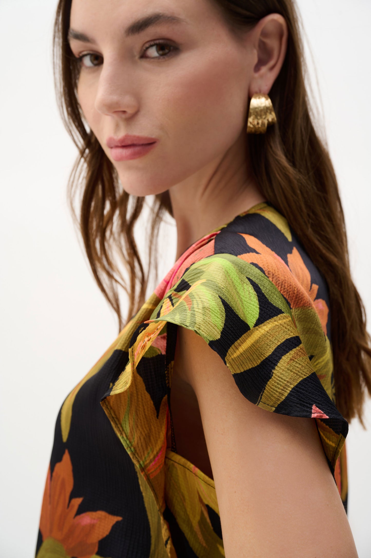 J.R 262087 Satin Tropical Print Top With Butterfly Sleeves