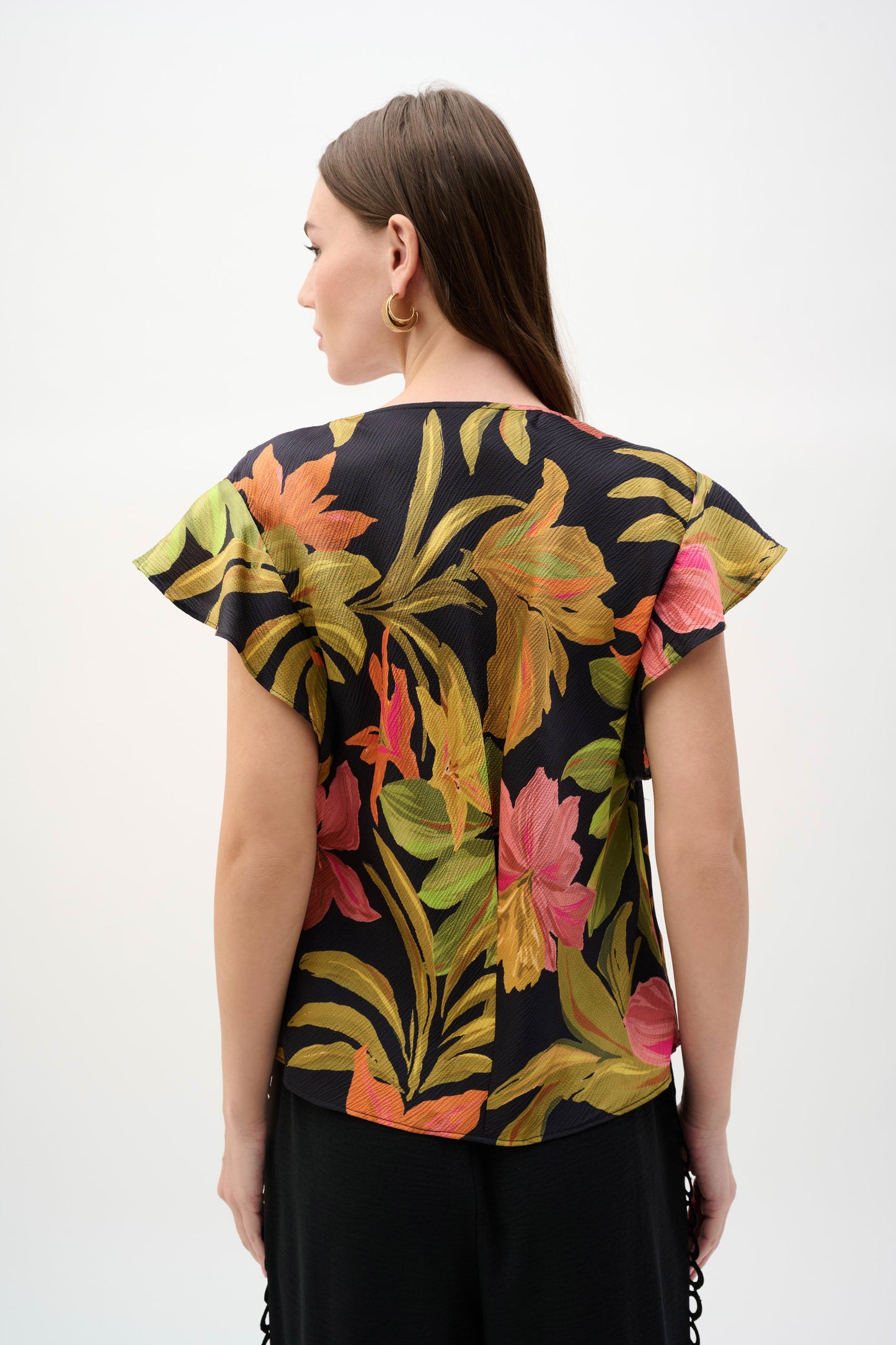 J.R 262087 Satin Tropical Print Top With Butterfly Sleeves