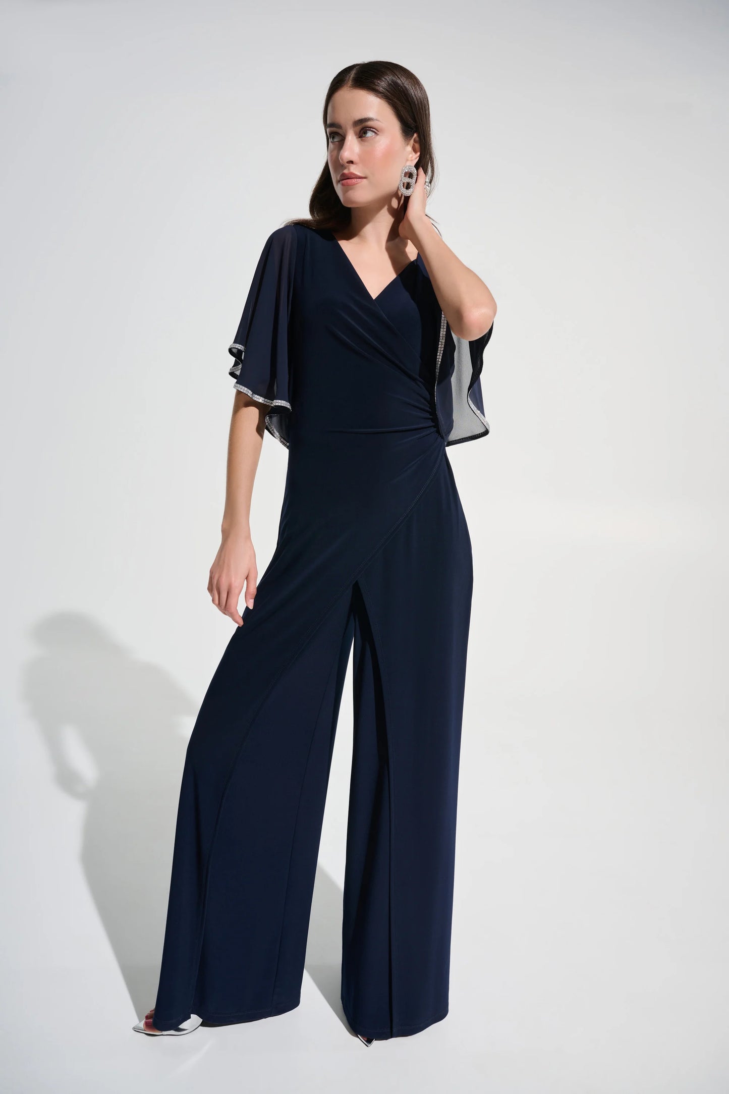 J.R 262716 Signature |Silky Knit Wrap Wide Leg Jumpsuit With Rhinestone Trim