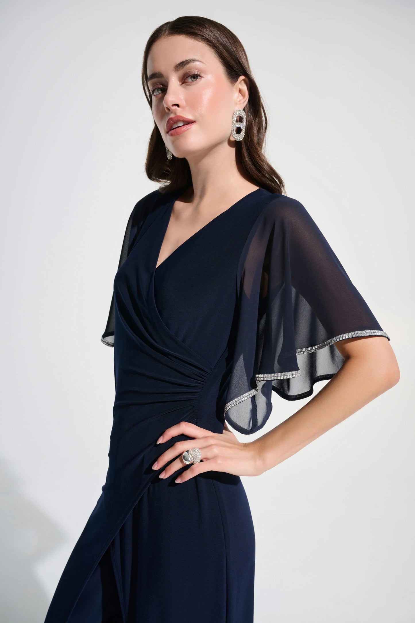 J.R 262716 Signature |Silky Knit Wrap Wide Leg Jumpsuit With Rhinestone Trim
