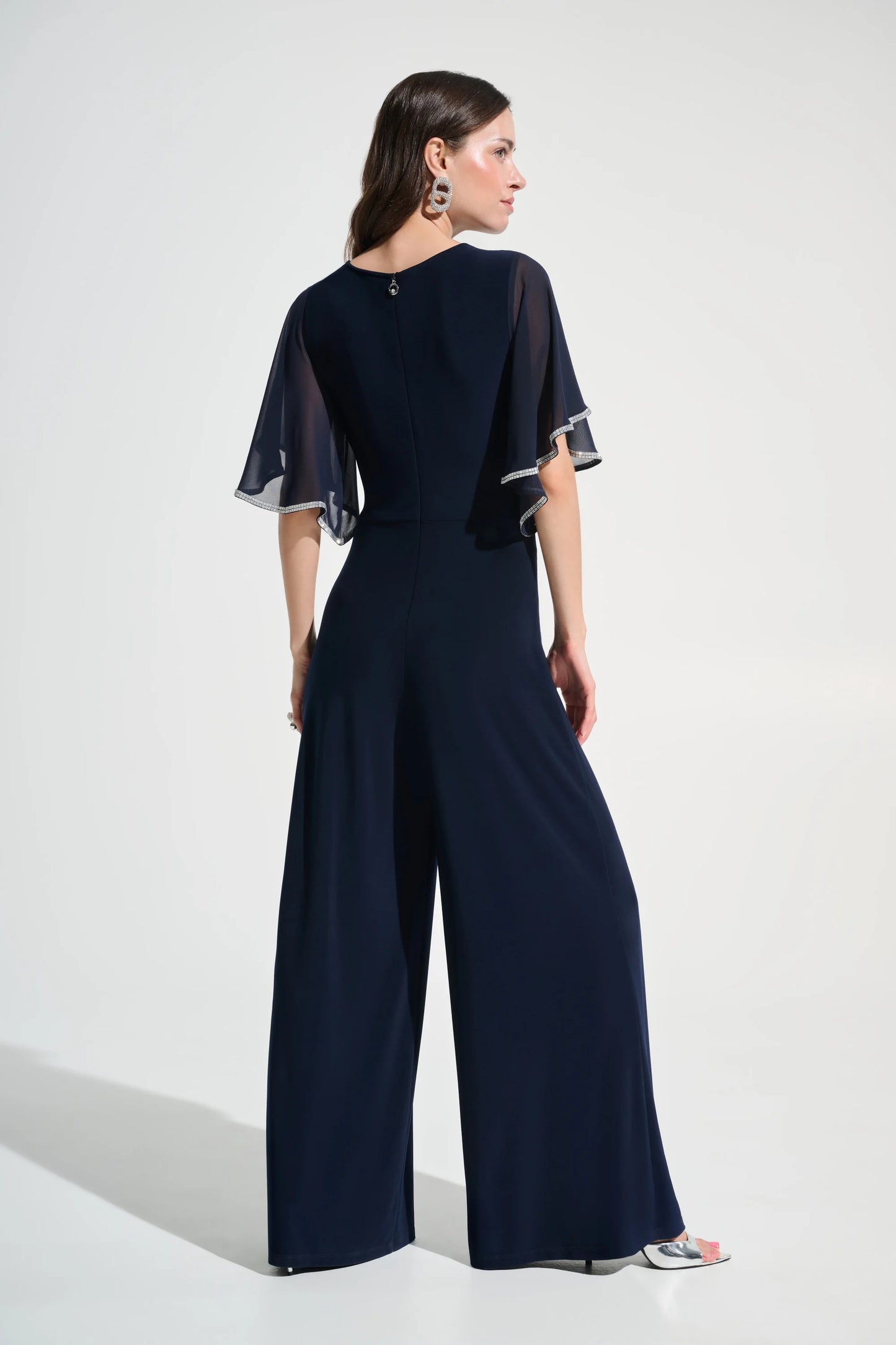 J.R 262716 Signature |Silky Knit Wrap Wide Leg Jumpsuit With Rhinestone Trim
