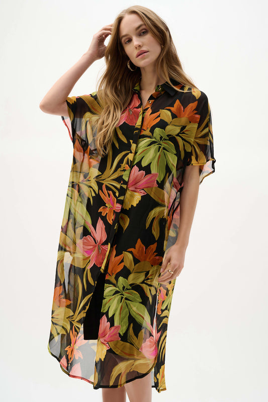 J.R 262949 Chiffon Tropical Print Straight Blouse