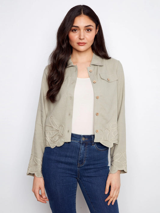 C.B C6398 Embroidered Hem Linen Blend Jacket