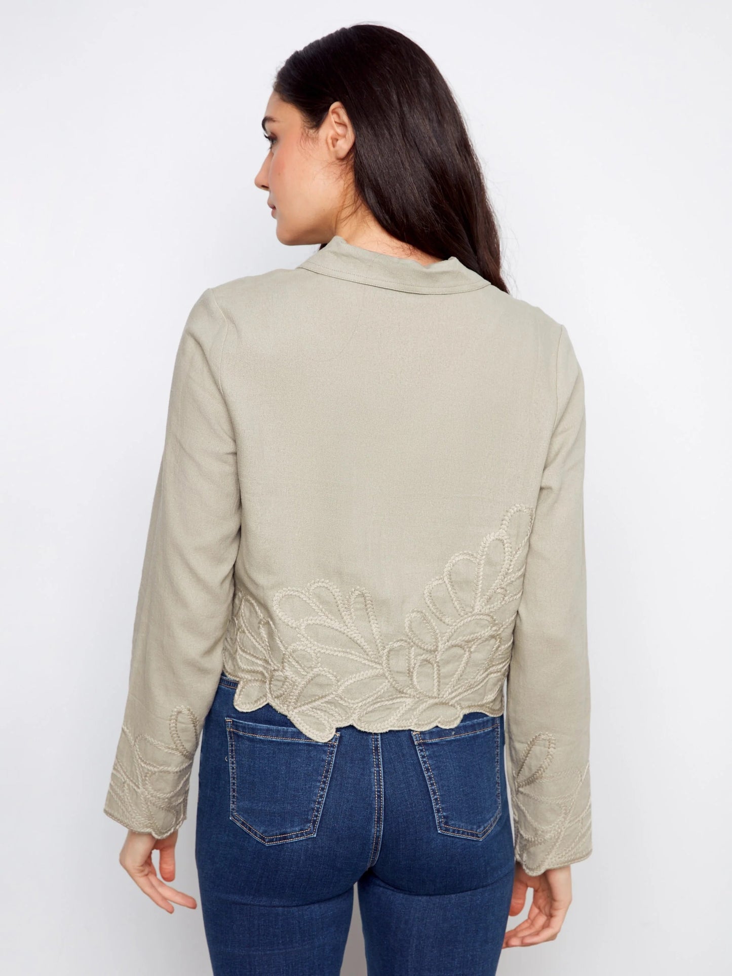 C.B C6398 Embroidered Hem Linen Blend Jacket