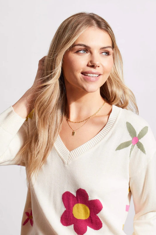 Tri 5458O INTARSIA V-NECK SWEATER WITH THREE-QUARTER SLEEVES
