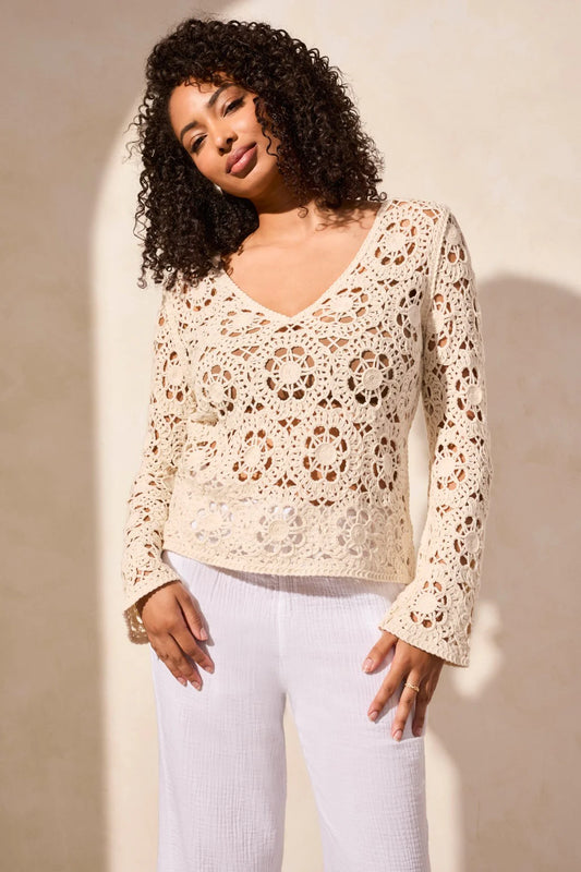 Tri 5751o Crochet Bell Sleeve V-Neck Cotton Sweater