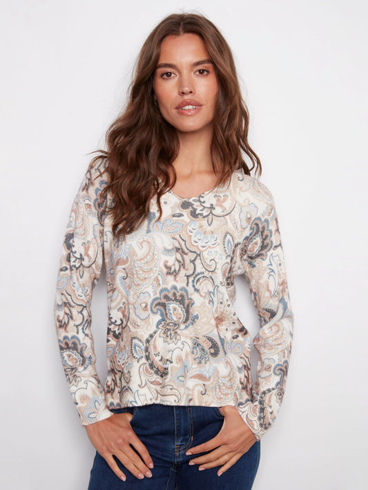 C.B C2581D Printed Plush Knit V-Neck Sweater