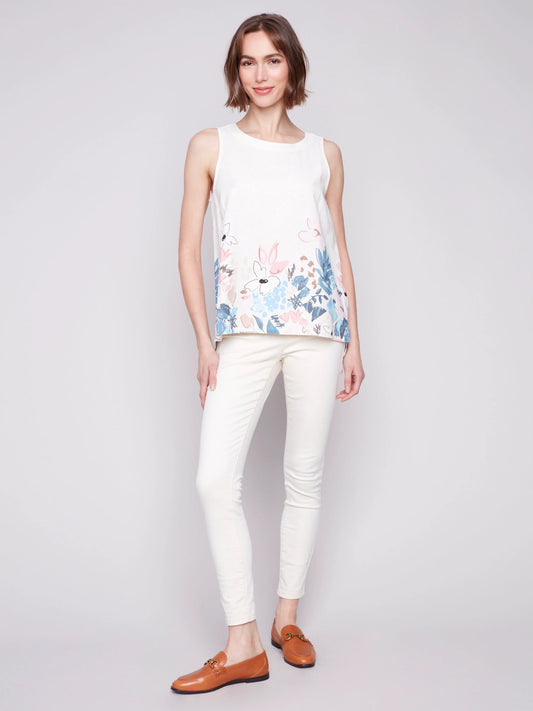 C.B C4532BY Sleeveless Printed Linen Blend Top