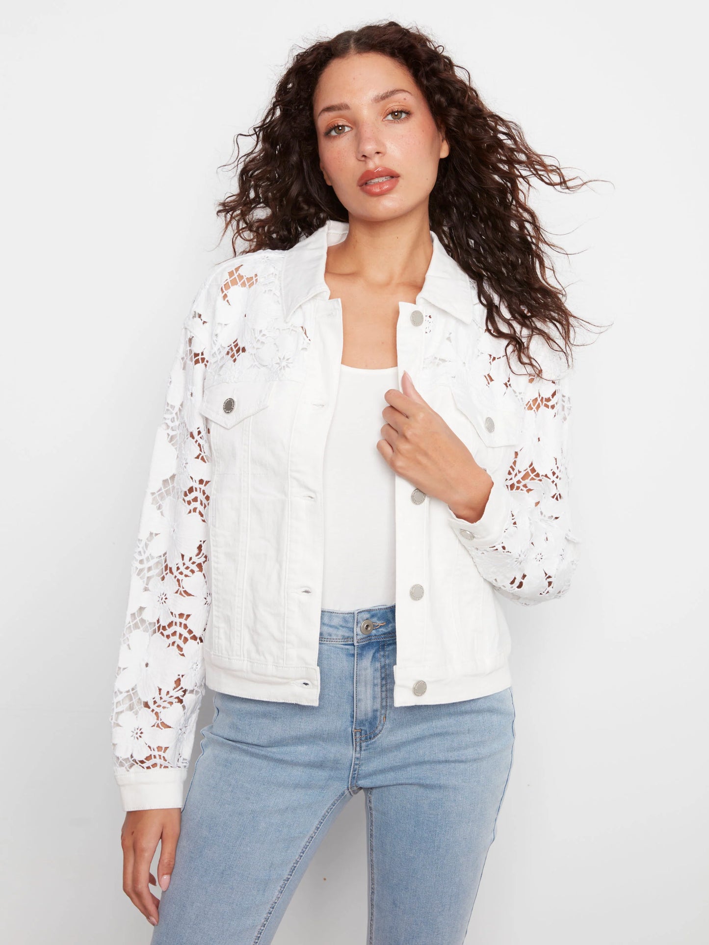 C.B C6405 Floral Embroidered Twill Jean Jacket