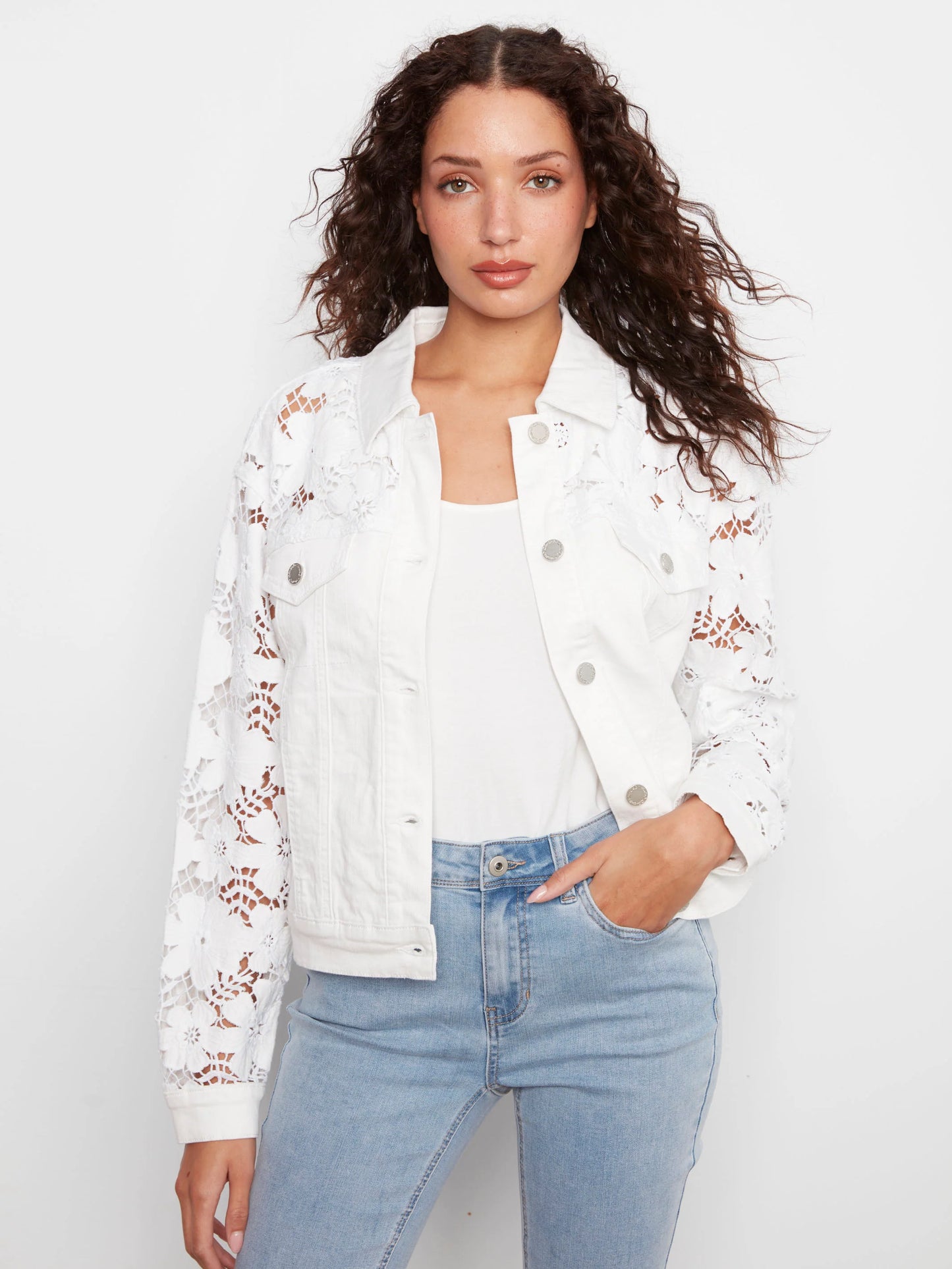 C.B C6405 Floral Embroidered Twill Jean Jacket