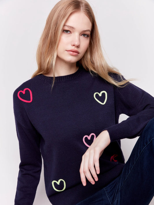 C.B C2605R Sweater with Embroidered Hearts