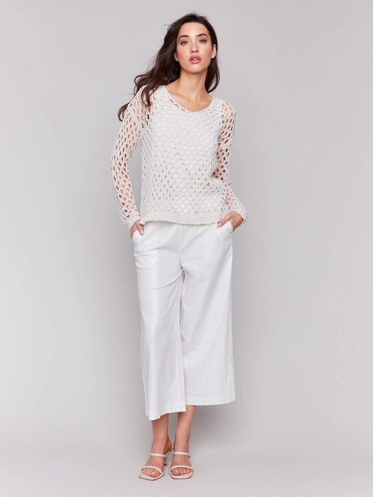 C.B C2796 Braided Fishnet V-Neck Sweater
