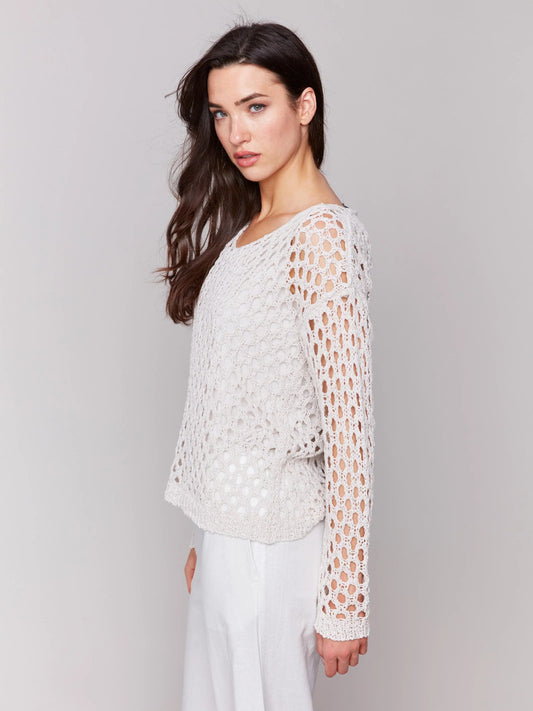 C.B C2796 Braided Fishnet V-Neck Sweater