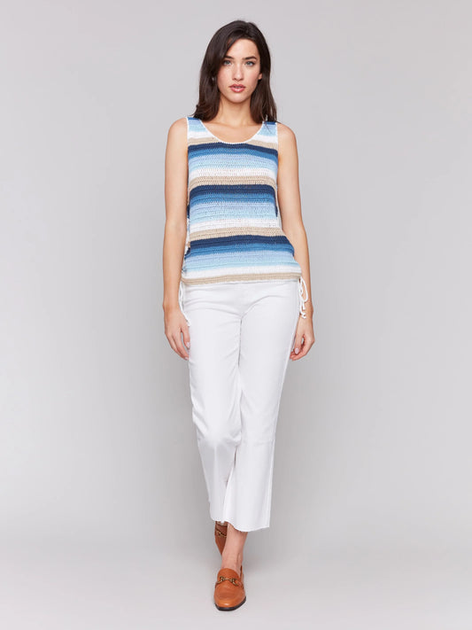 C.B C2810 Sleeveless Striped Crochet Top with Side Ties