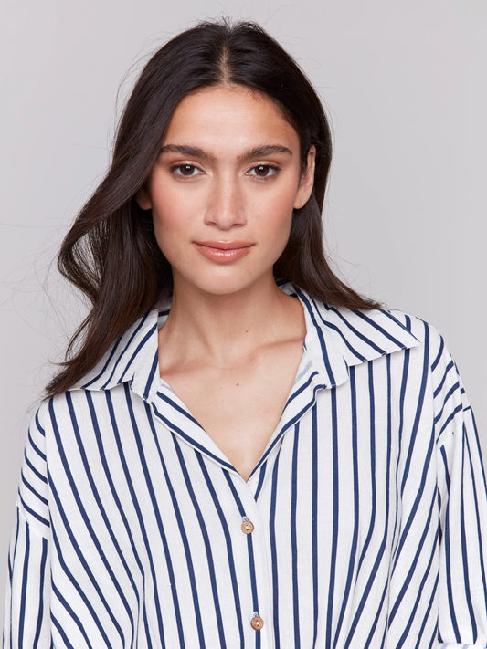 C.B C4604 Striped Linen Blend Shirt with Front Twist Detail