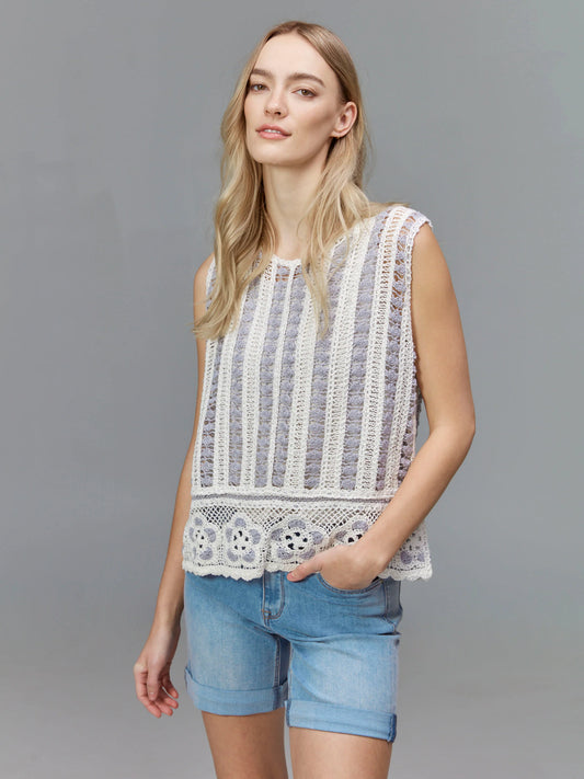 C.B C4610 Sleeveless Floral Border Crochet Top