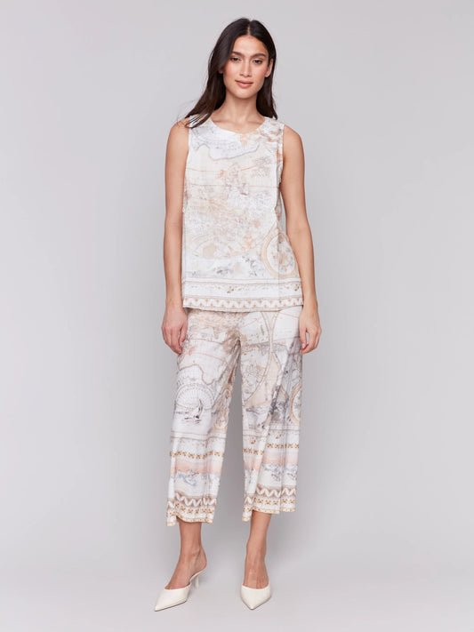 C.B C4623 Printed Sleeveless Linen Blend Top