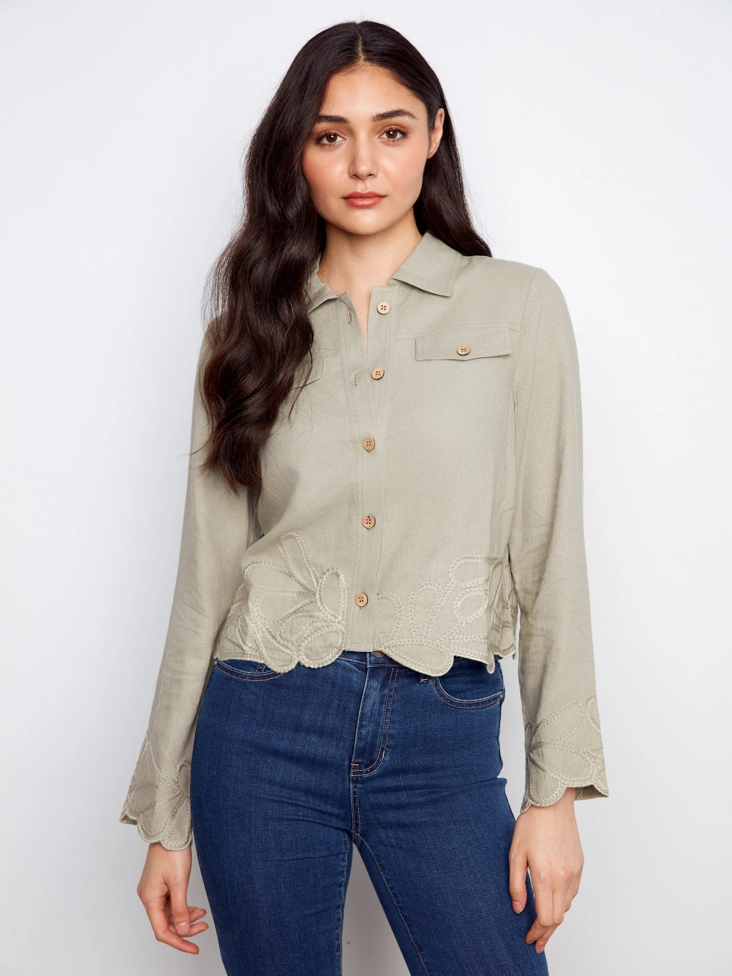 C.B C6398 Embroidered Hem Linen Blend Jacket