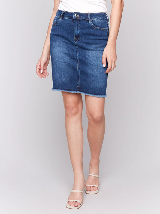 C.B C7042T Stretch Denim Skort with Frayed Hem