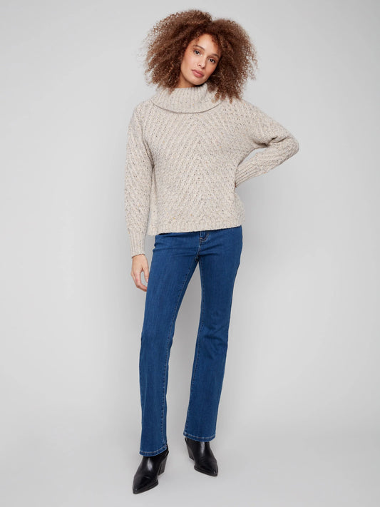 C.B C2914 Cowl Neck Diagonal Cable Sweater