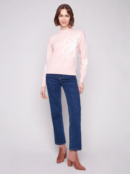 C.B C2857 Crew Neck Floral Soutache Sweater