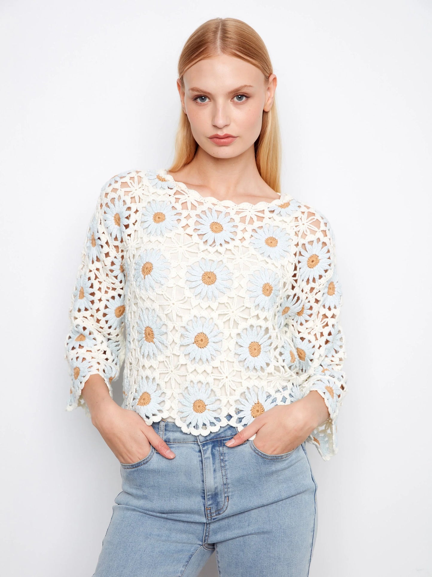 C.B C2941 Floral Hand-Crochet Sweater