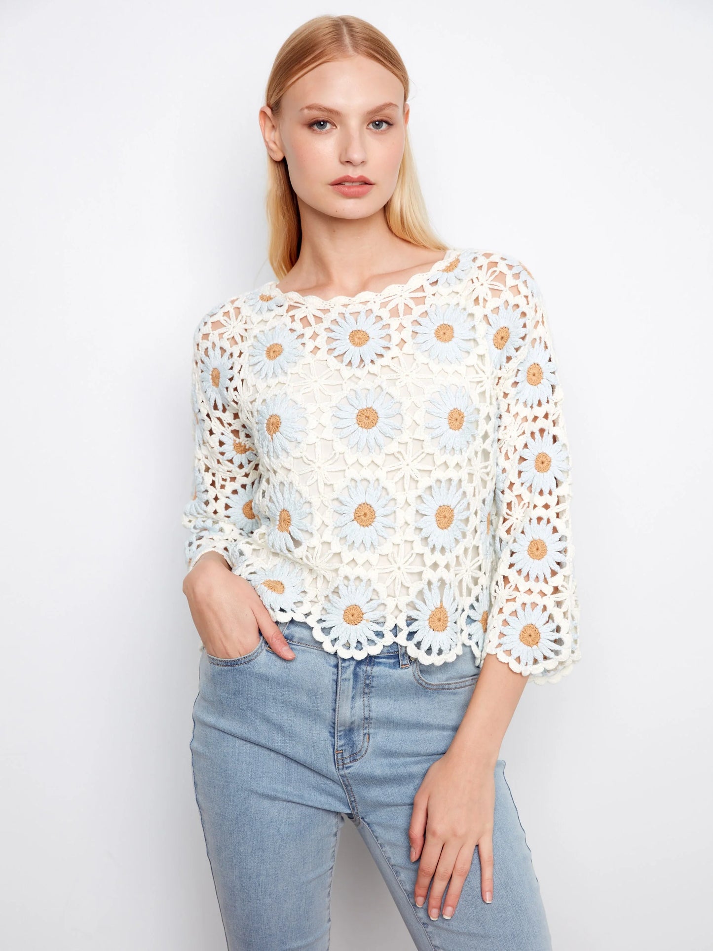 C.B C2941 Floral Hand-Crochet Sweater
