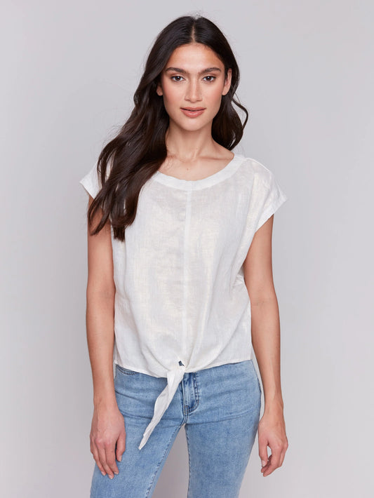 C.B C4271 Foiled Linen Blend Tie-Front Blouse
