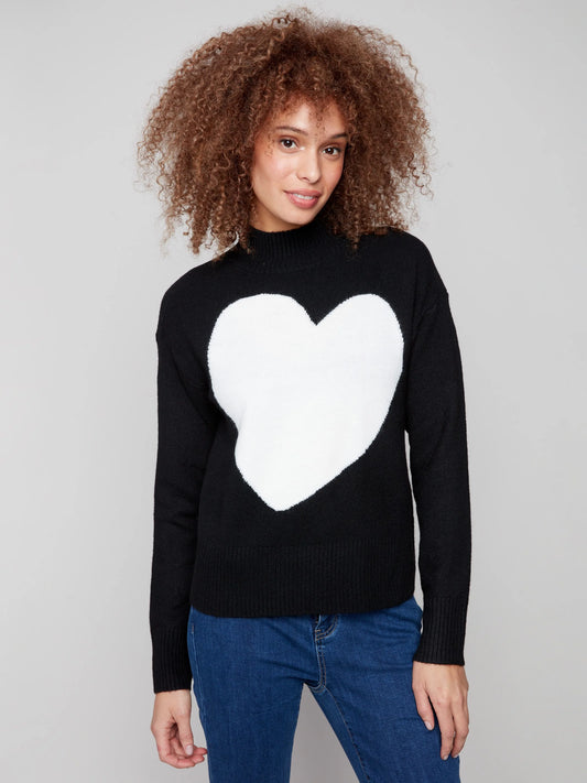 C.B C2896 Heart Mock Neck Drop Shoulder Sweater