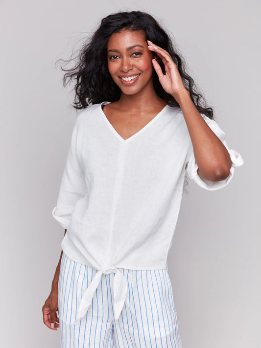C.B C4603 Linen Blend 3/4 Sleeve Top with Front Tie