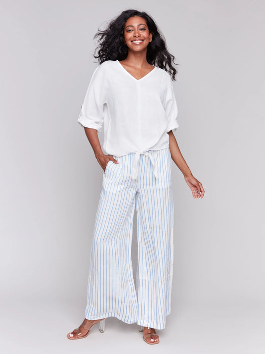 C.B C4603 Linen Blend 3/4 Sleeve Top with Front Tie
