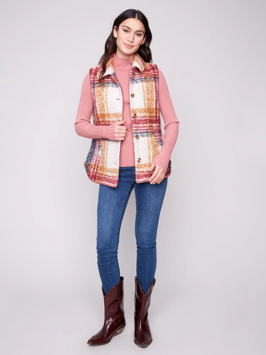 C.B C6319R Plaid Bouclé Knit Vest
