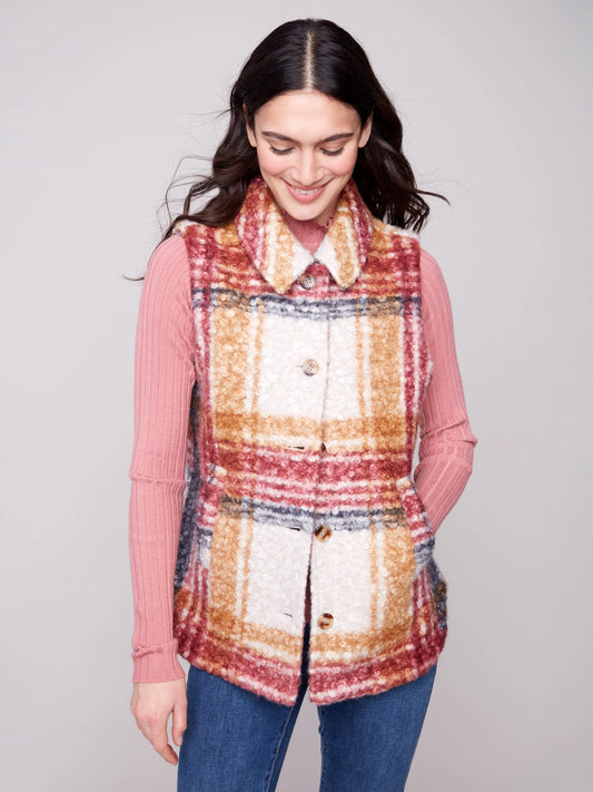 C.B C6319R Plaid Bouclé Knit Vest