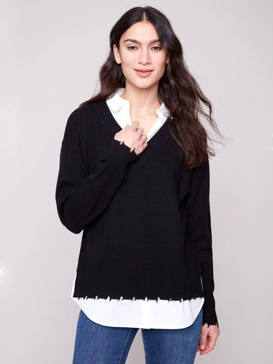 C.B C2568Y V-Neck Fooler Sweater With Shirt Collar