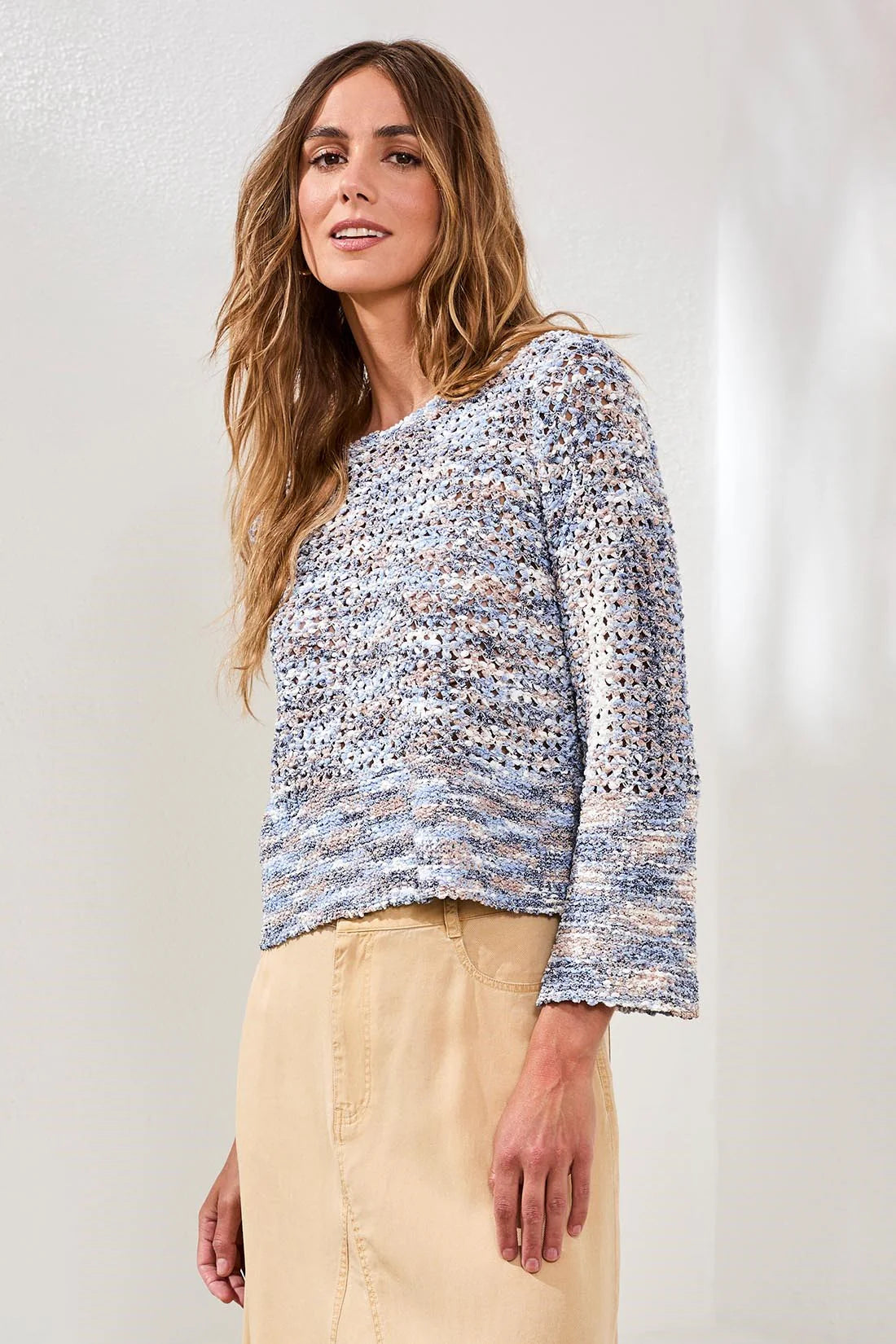 Tri 6206o Open-Stitch Crewneck Bell-Sleeve Sweater